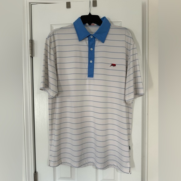 Men’s Medium Perlis Golf Polo White + Blue Striped - Picture 1 of 3